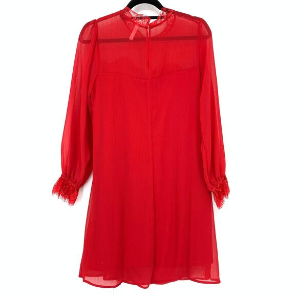 Xhilaration Women's Size Medium Sheer A-Line Dress Lace Trim Long Sleeve Red - Picture 2 of 6